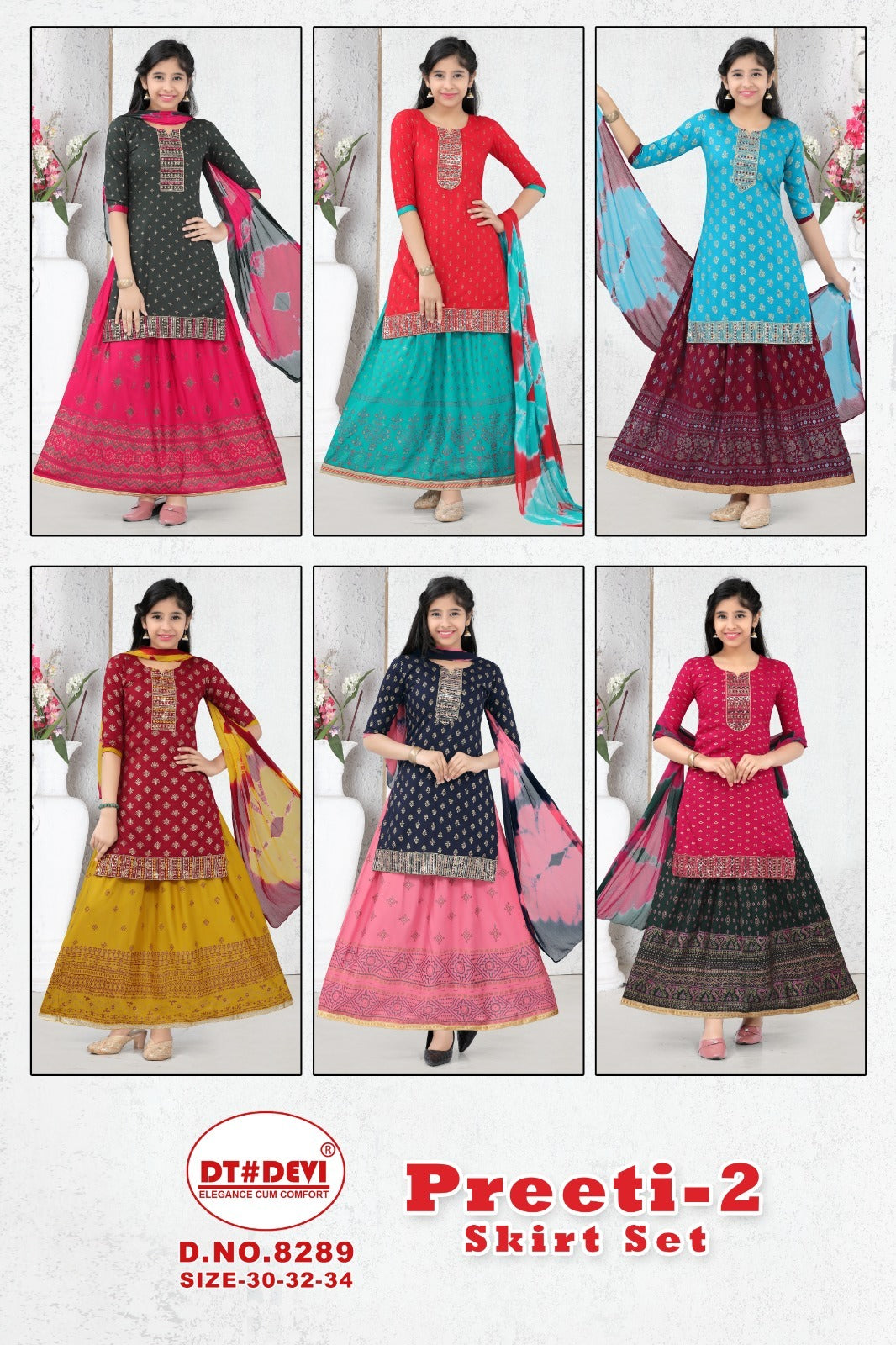 Preeti Vol 2-8289 Dt Devi Rayon Girls Readymade Skirt Style Suits