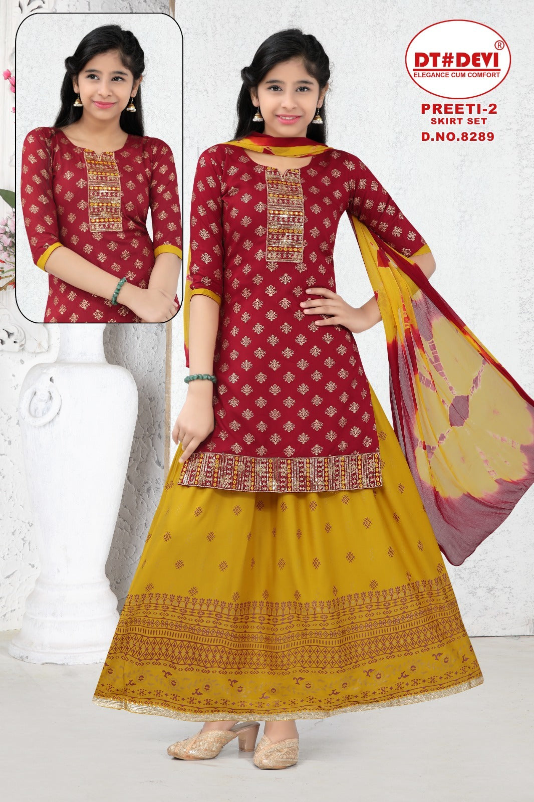 Preeti Vol 2-8289 Dt Devi Rayon Girls Readymade Skirt Style Suits