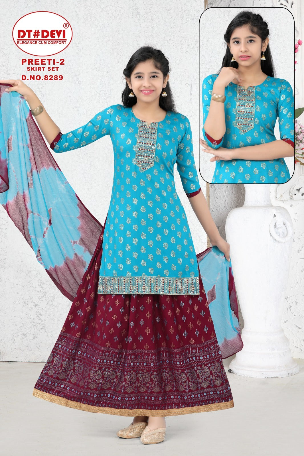 Preeti Vol 2-8289 Dt Devi Rayon Girls Readymade Skirt Style Suits