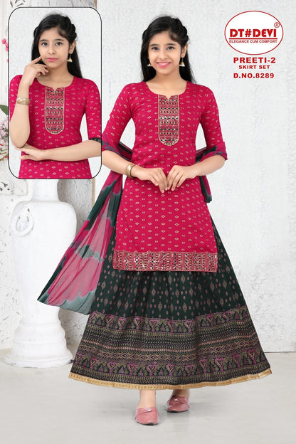 Preeti Vol 2-8289 Dt Devi Rayon Girls Readymade Skirt Style Suits