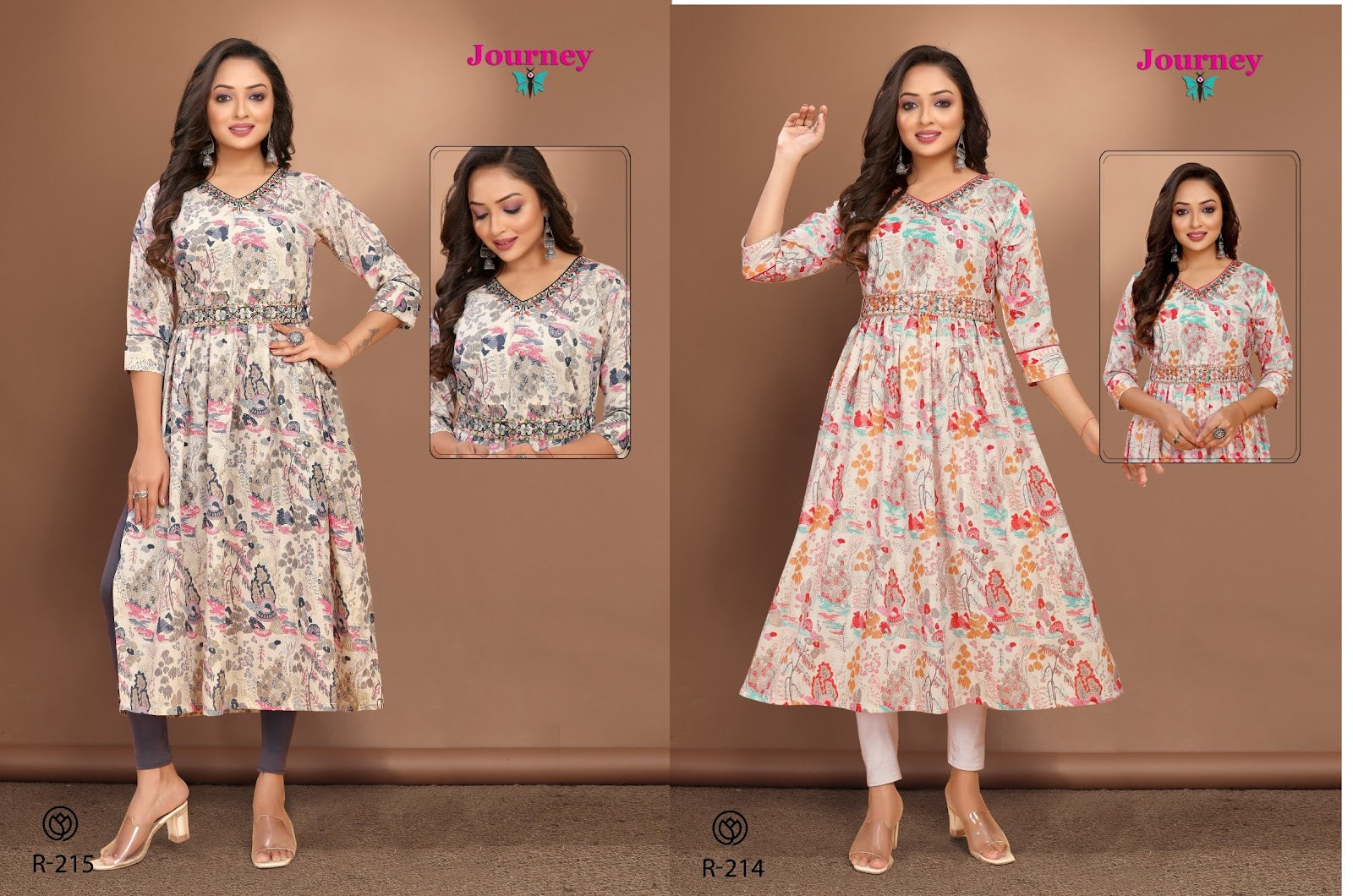 R 214-215 Journey Design Cambric Cotton Naira Cut Kurtis