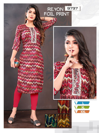 Rayon Foil Mmc Knee Length Kurtis