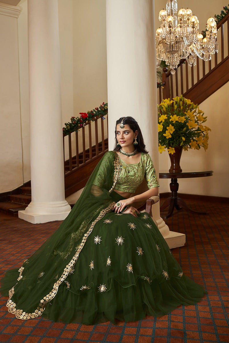 Featuring peach and pista green designer party wear lehenga set with  embroidery on top and bottom. It come… | Lehenga style saree, Saree designs,  Party wear lehenga