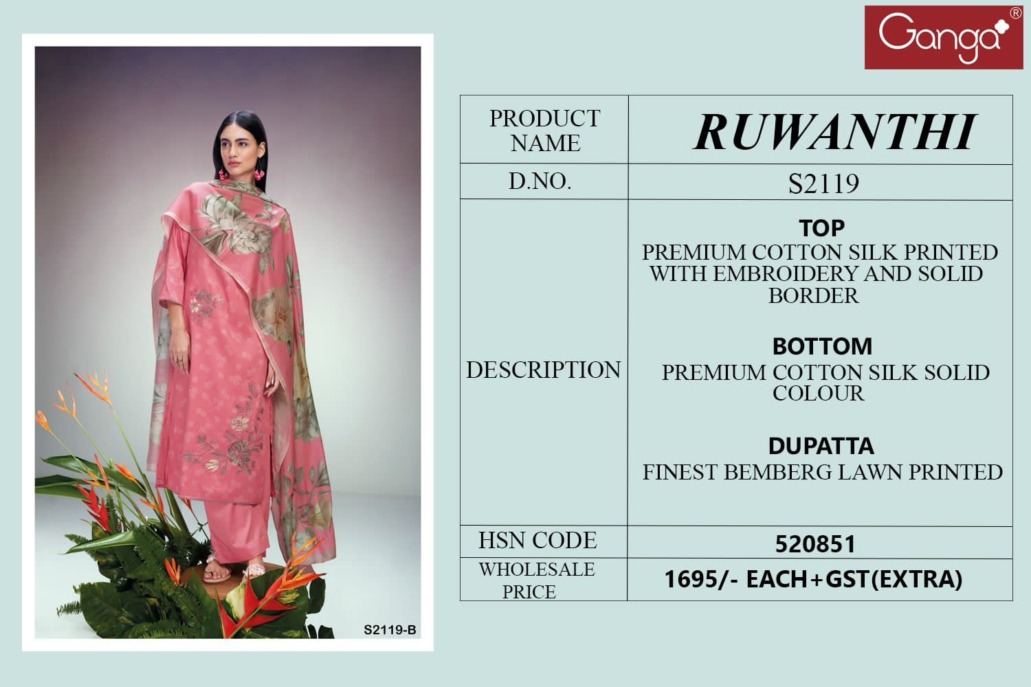 Ruwanthi 2119 Ganga Cotton Silk Plazzo Style Suits