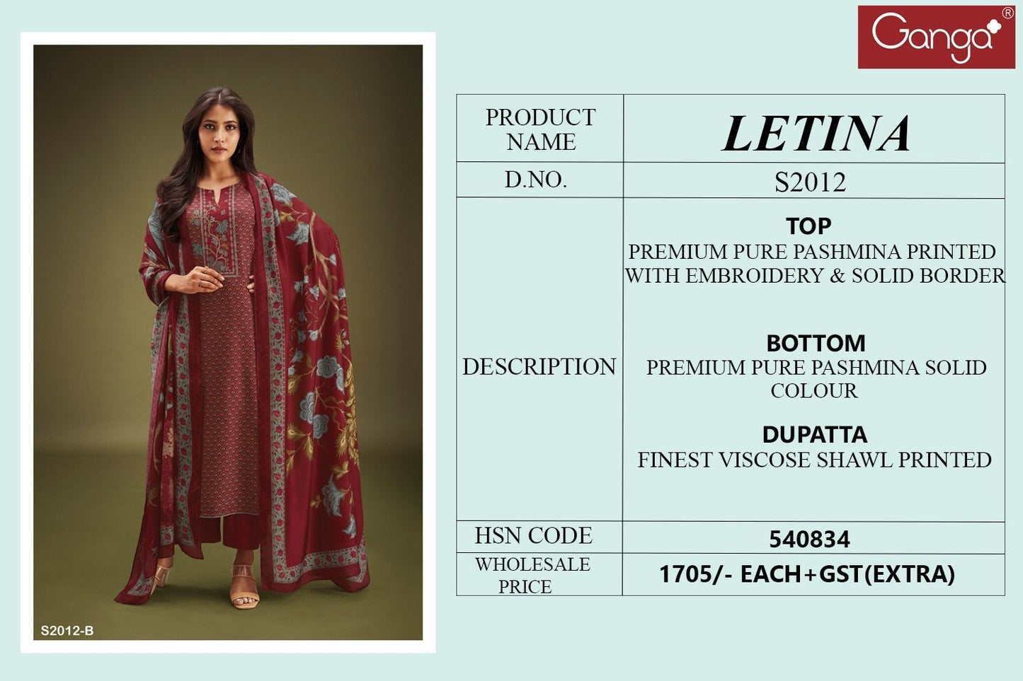 S2012-Abcd Letina Ganga Pashmina Plazzo Style Suits