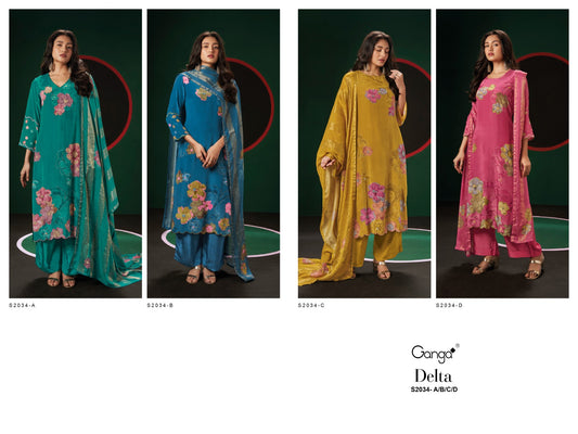 S2034-Delta Ganga Silk Crepe Plazzo Style Suits