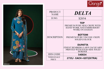 S2034-Delta Ganga Silk Crepe Plazzo Style Suits