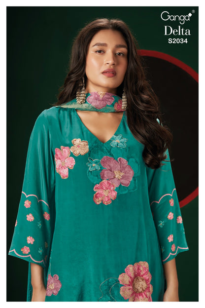 S2034-Delta Ganga Silk Crepe Plazzo Style Suits