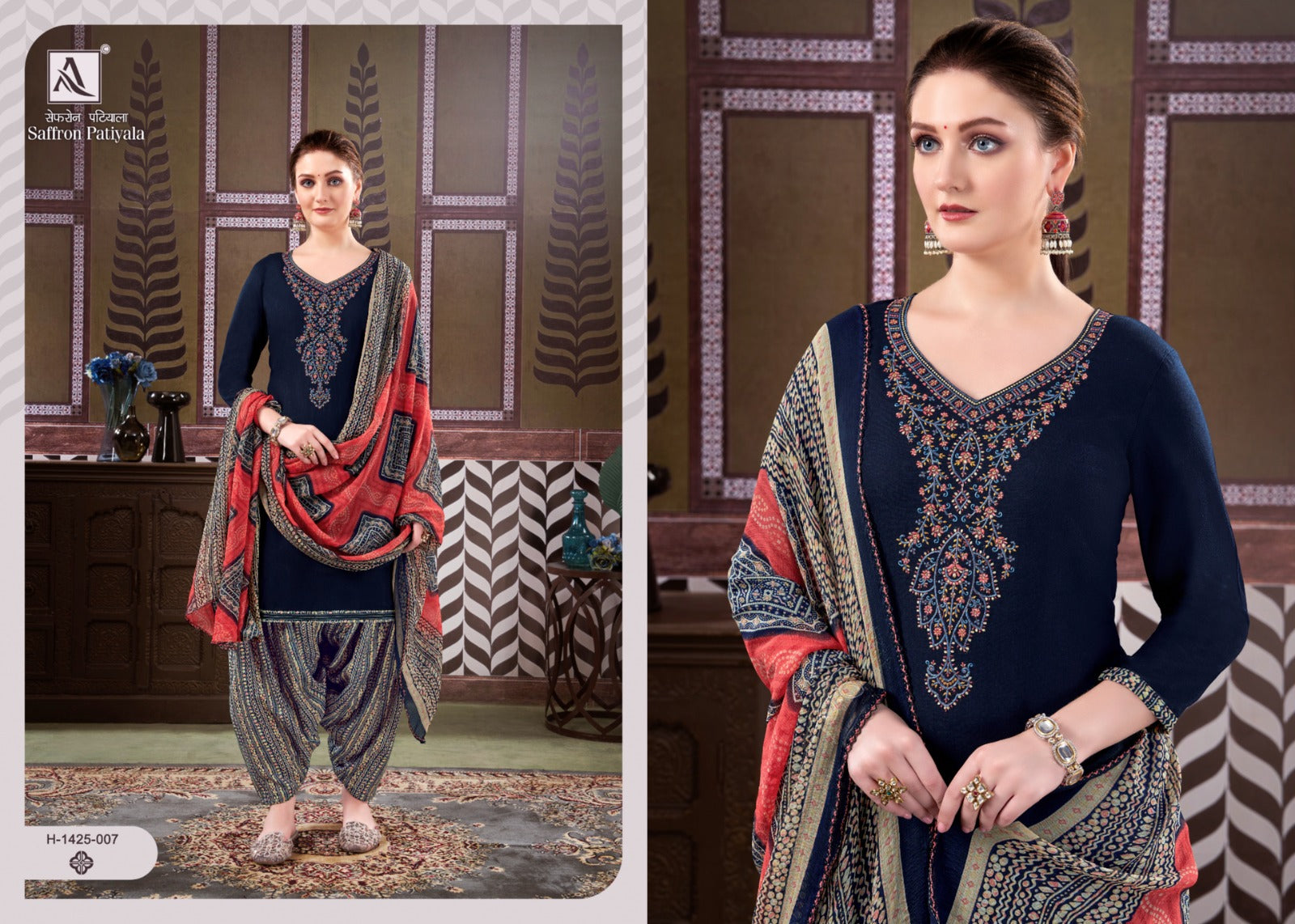 Saffron Alok Viscose Rayon Patiyala Style Suits