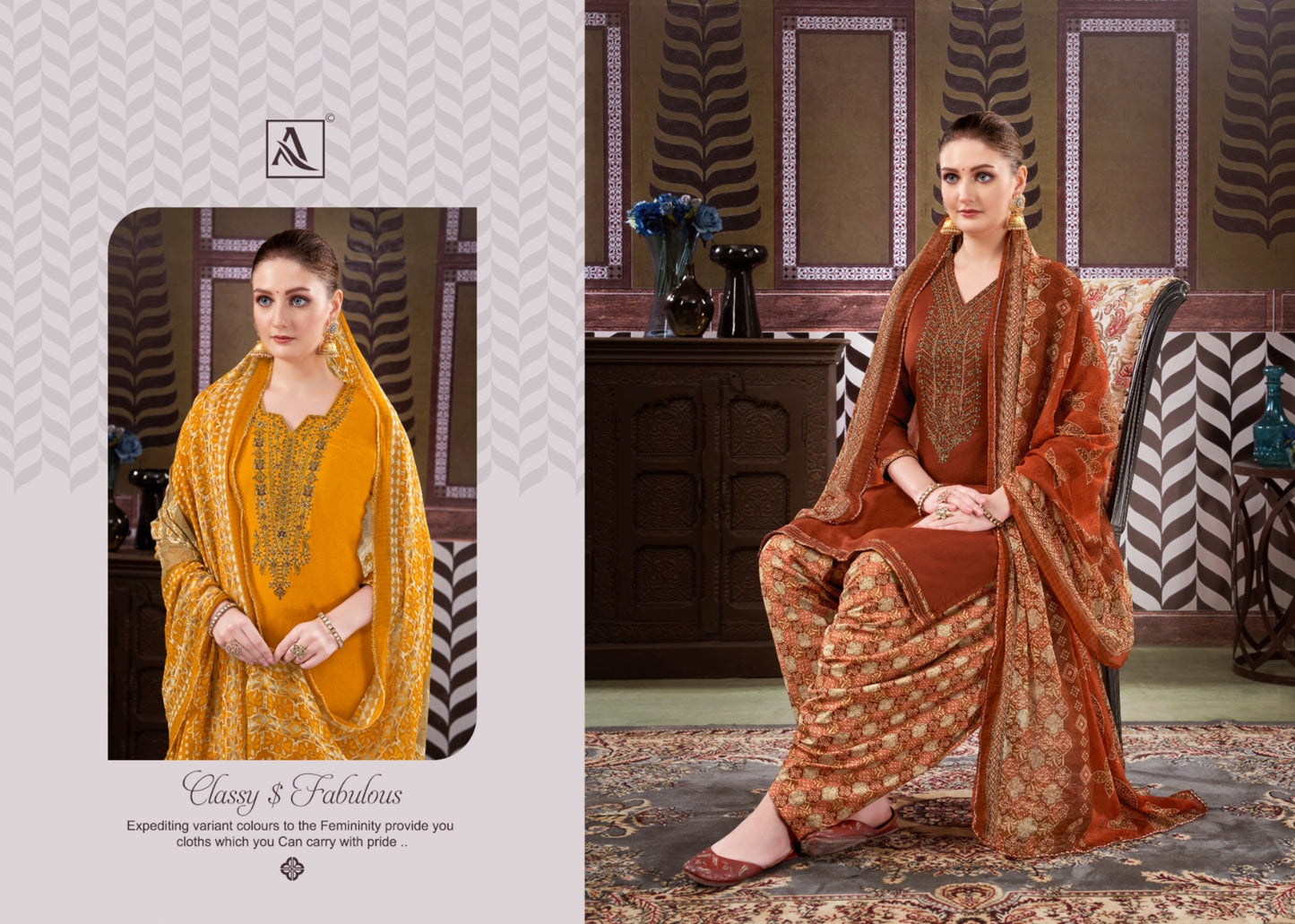 Saffron Alok Viscose Rayon Patiyala Style Suits