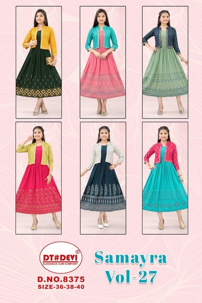 Samayra Vol 27 Dt Devi Reyon Girls Kurti Jacket Set
