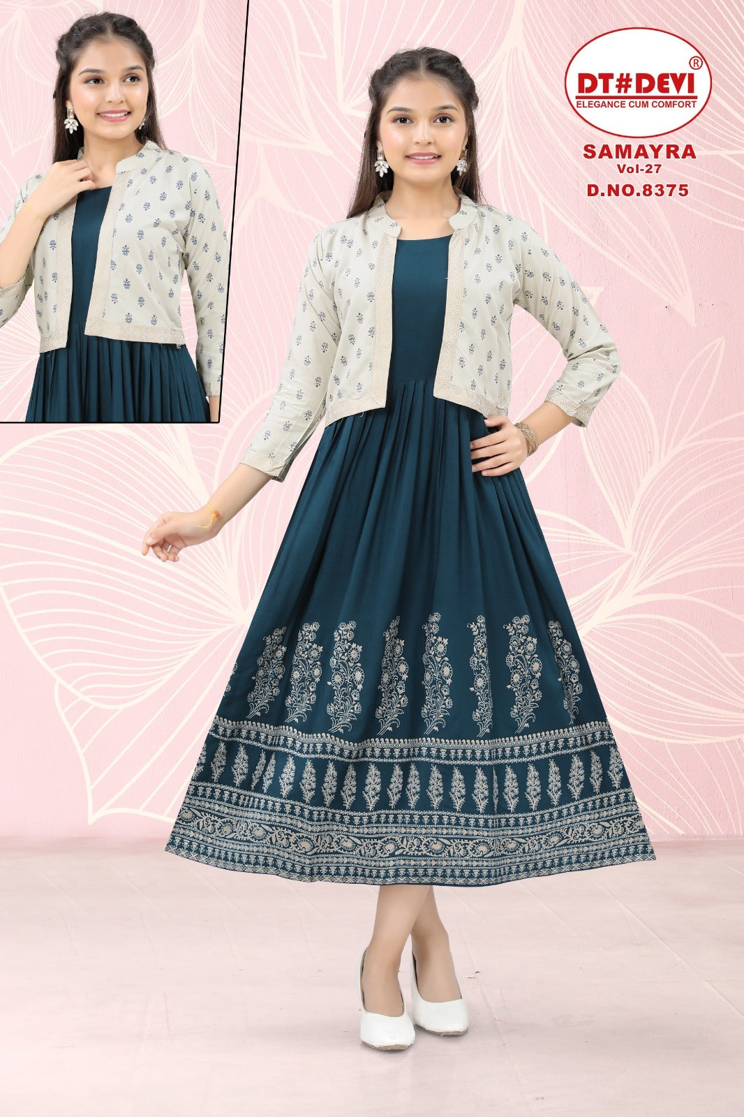 Samayra Vol 27 Dt Devi Reyon Girls Kurti Jacket Set