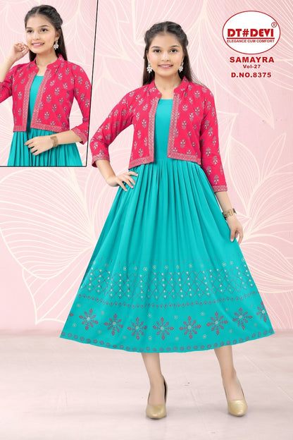 Samayra Vol 27 Dt Devi Reyon Girls Kurti Jacket Set