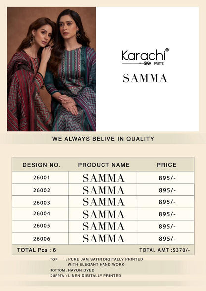 Samma Karachi Prints Jaam Satin Pant Style Suits