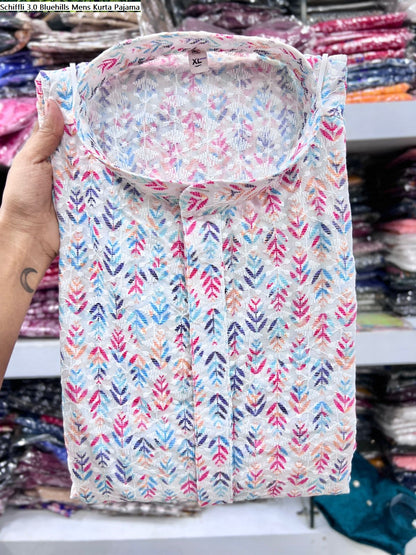 Schiffli 3.0 Bluehills Cotton Mens Kurta Pajama