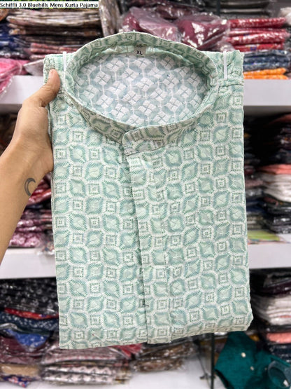 Schiffli 3.0 Bluehills Cotton Mens Kurta Pajama