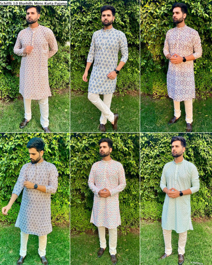 Schiffli 3.0 Bluehills Cotton Mens Kurta Pajama