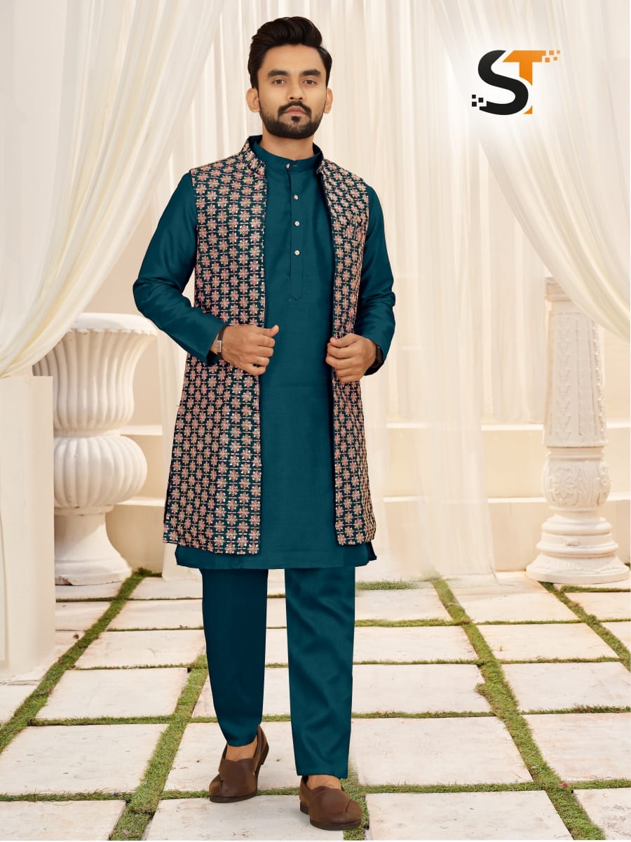 Stylish Kurta Kurta Pajama Design With Koti Hand-Embroidered