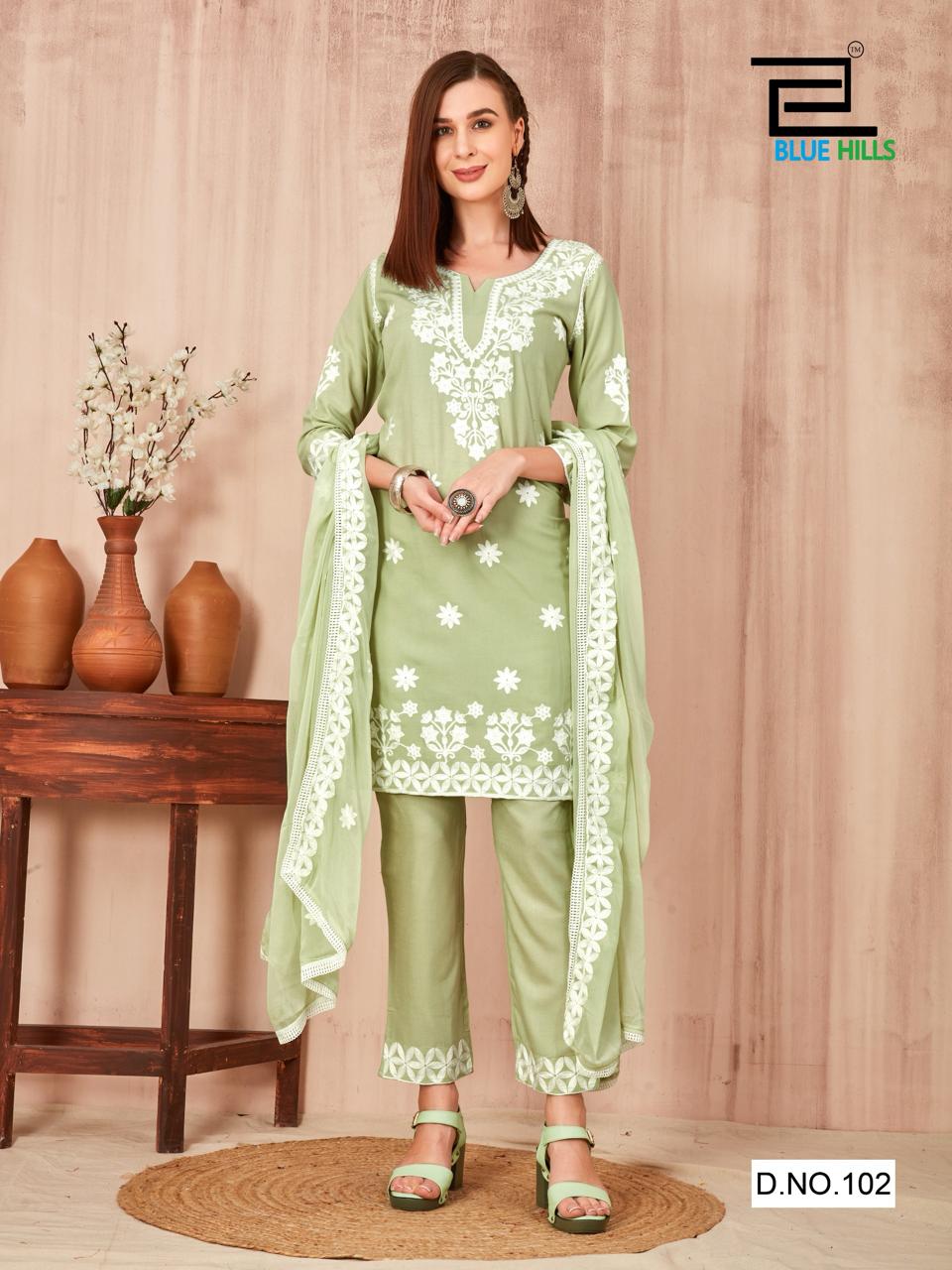 Shenaaz Blue Hills Rayon 14Kg Readymade Pant Style Suits