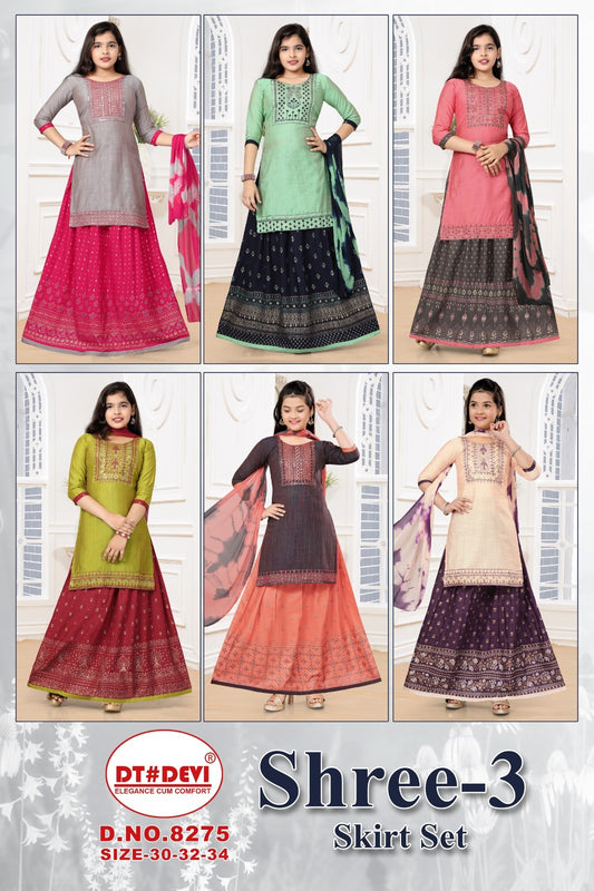 Shree Vol 3- 8275 Dt Devi Silk Girls Readymade Skirt Style Suits