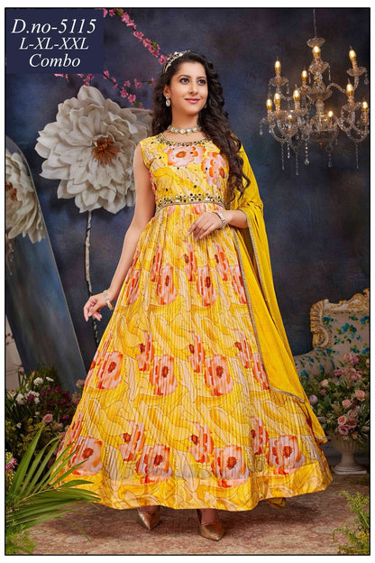 Single Colour Kalyan Chinon Readymade Anarkali Suits