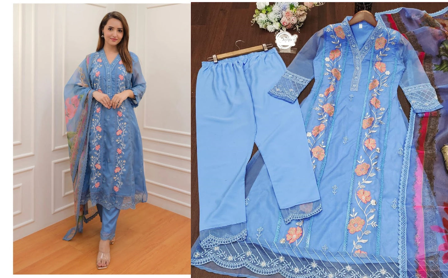 Sky Blue-Pink Aarohi Organza Readymade Pant Style Suits
