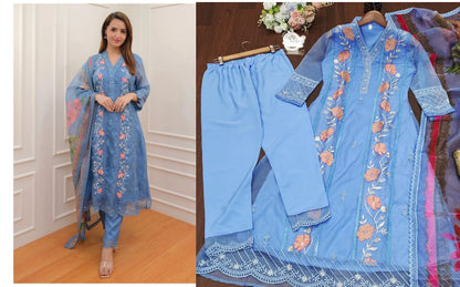 Sky Blue-Pink Aarohi Organza Readymade Pant Style Suits