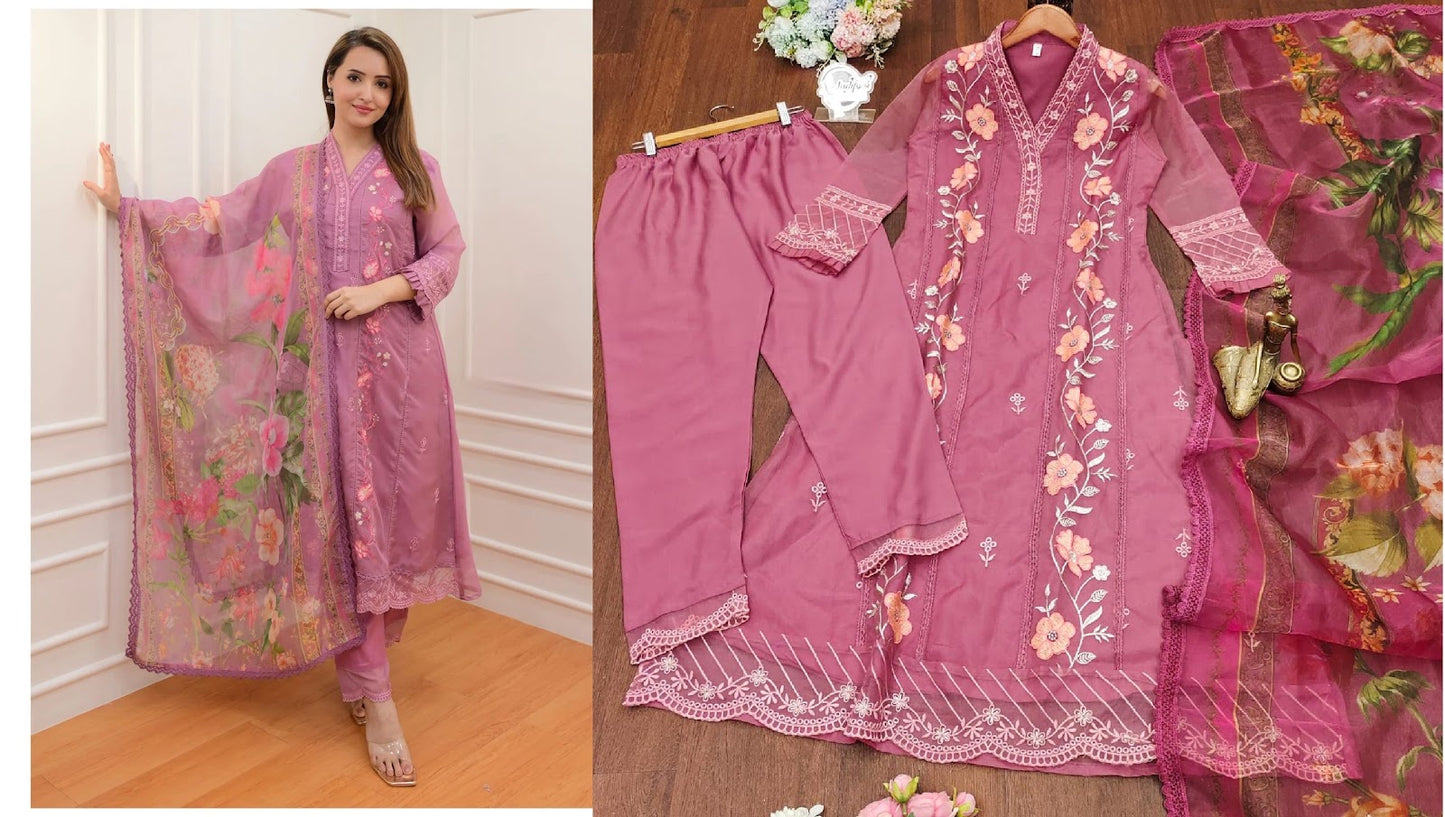 Sky Blue-Pink Aarohi Organza Readymade Pant Style Suits