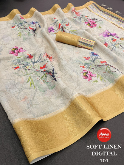 Soft Linen Digital Apple Sarees