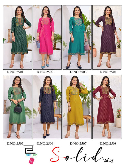 Solid Vol 25 Blue Hills Rayon 14Kg Knee Length Kurtis