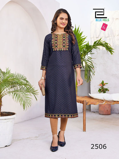 Solid Vol 25 Blue Hills Rayon 14Kg Knee Length Kurtis