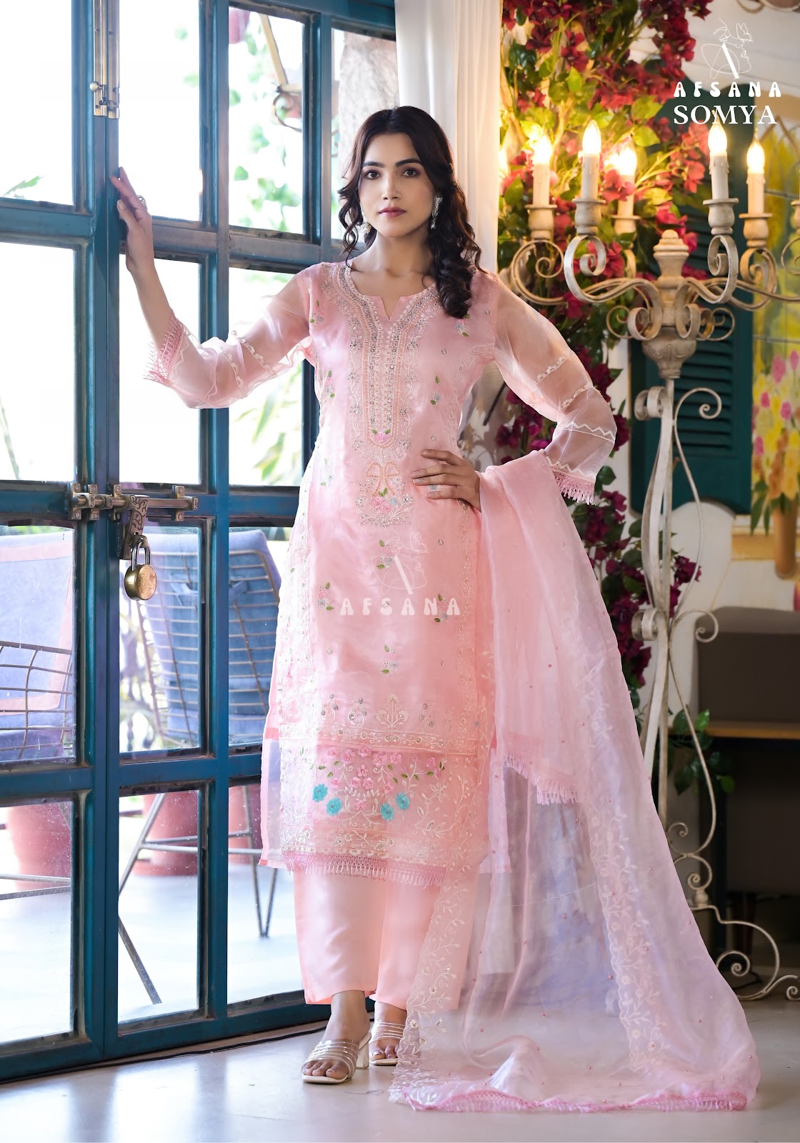 Pink Designer Pant Style Suit In Organza