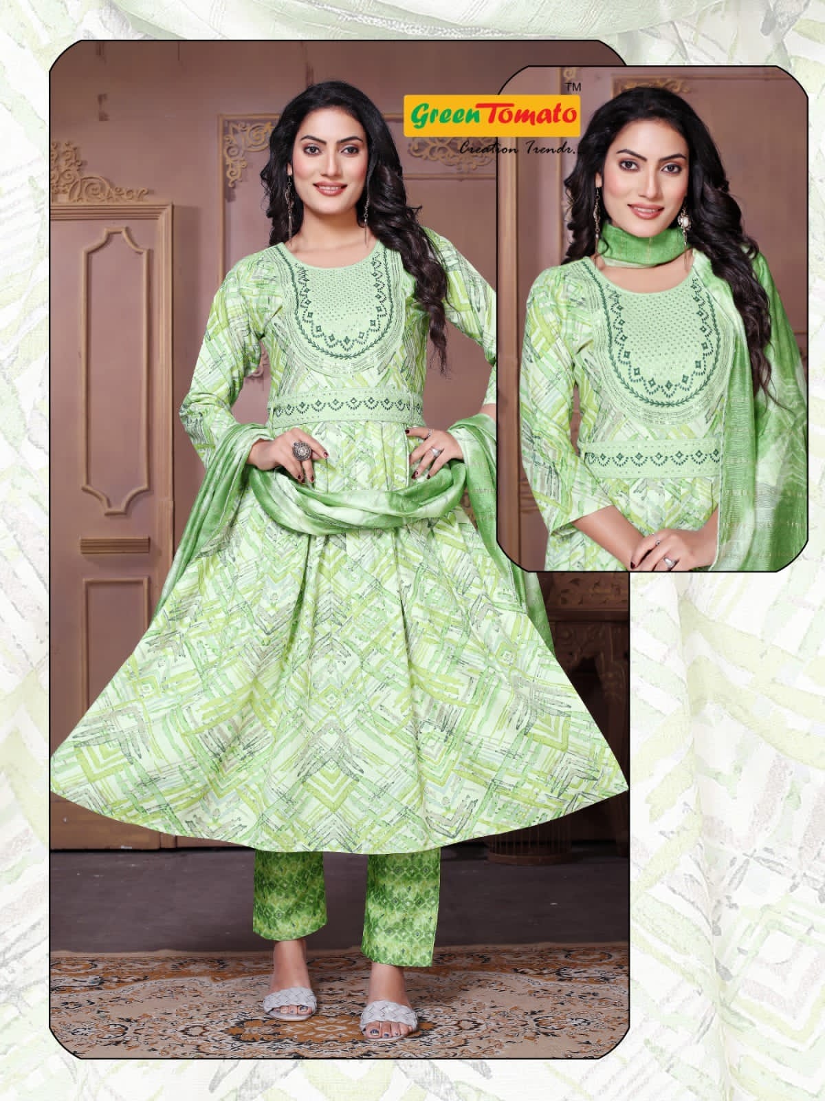 Sridevi Green Tomato Readymade Pant Style Suits