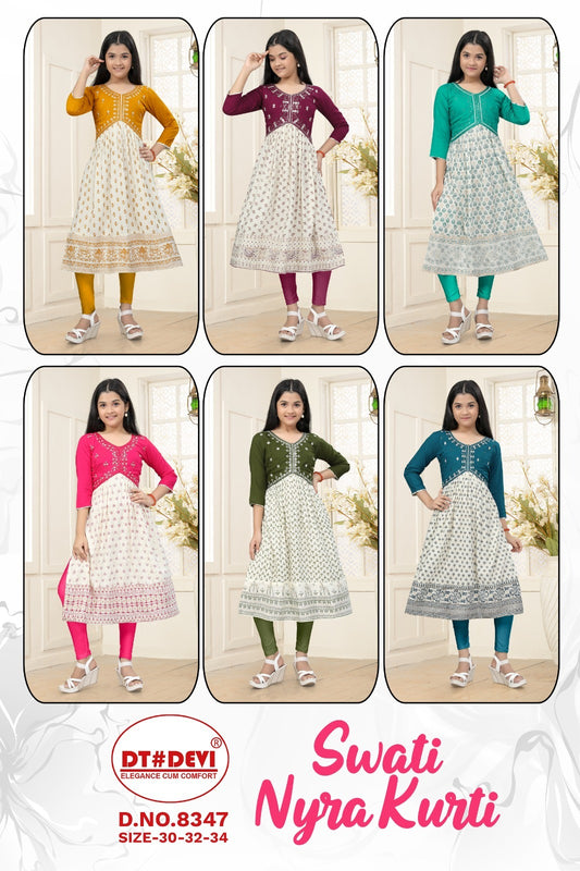 Swati-8347 Dt Devi Rayon Girls Anarkali Kurti