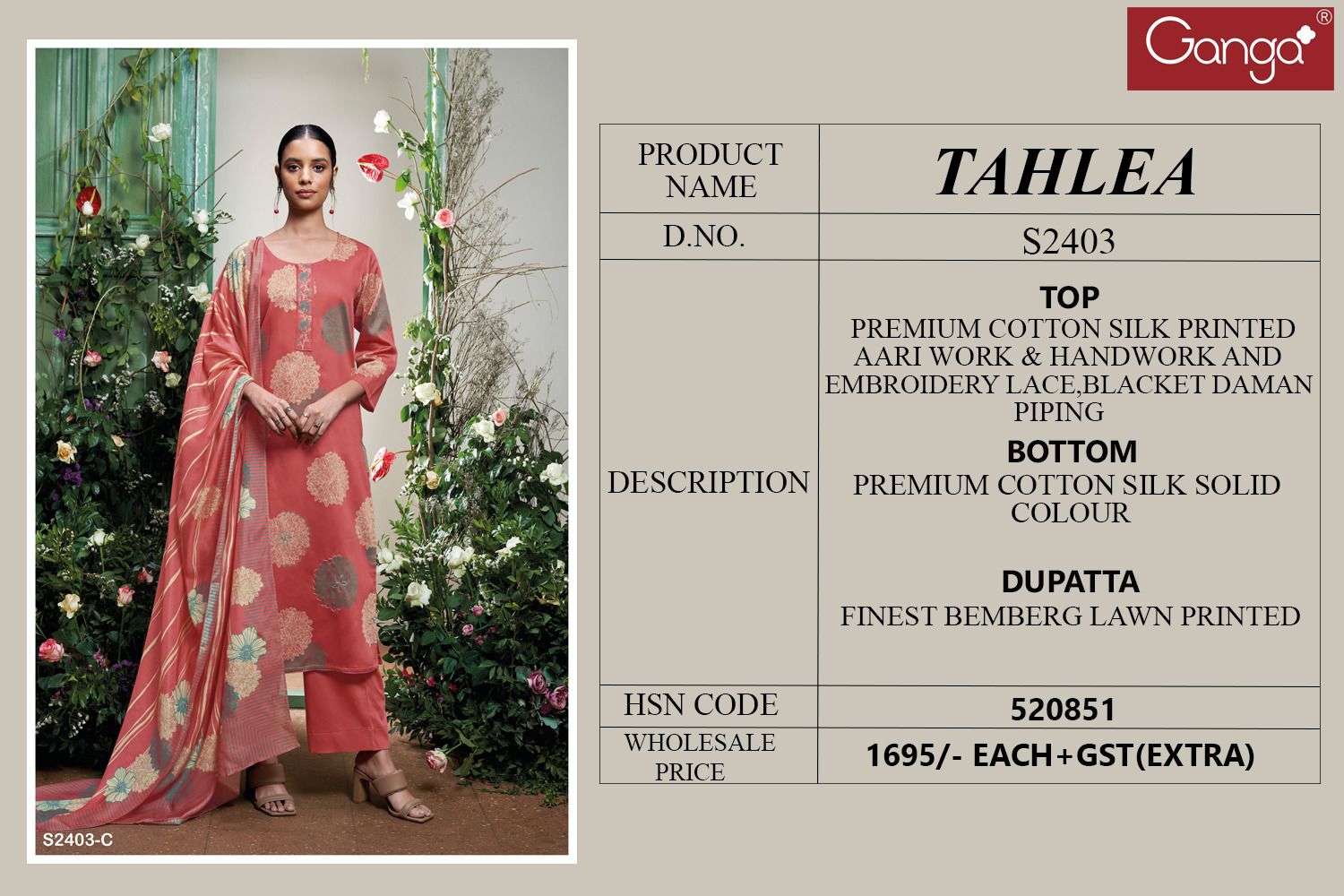 Tahlea 2403 Ganga Cotton Silk Plazzo Style Suits