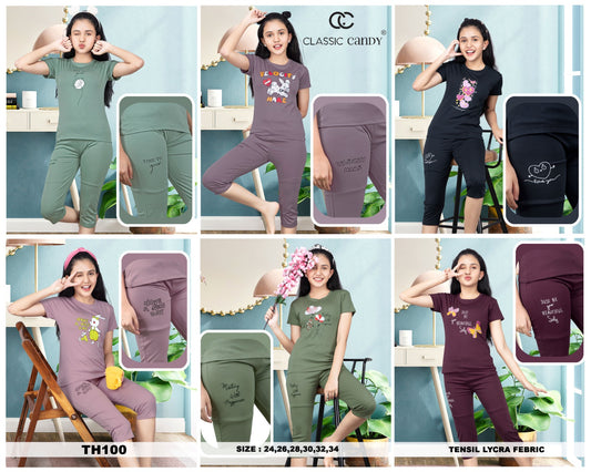 Th-100 Classic Candy Tencil Lycra Girls Capri Night Suits