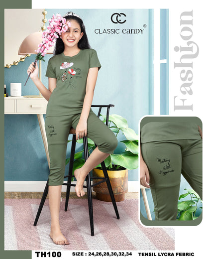 Th-100 Classic Candy Tencil Lycra Girls Capri Night Suits