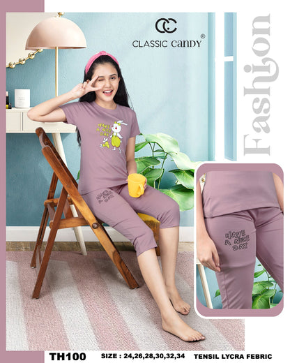 Th-100 Classic Candy Tencil Lycra Girls Capri Night Suits