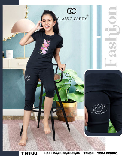 Th-100 Classic Candy Tencil Lycra Girls Capri Night Suits