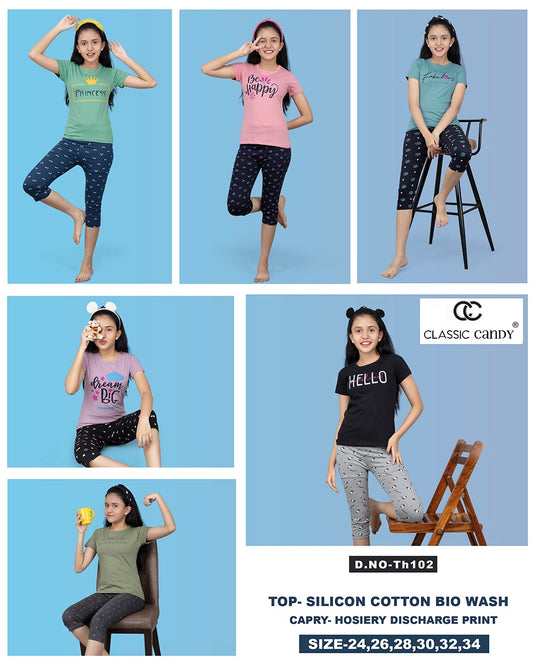 Th-102 Classic Candy Cotton Biowashed Girls Capri Night Suits
