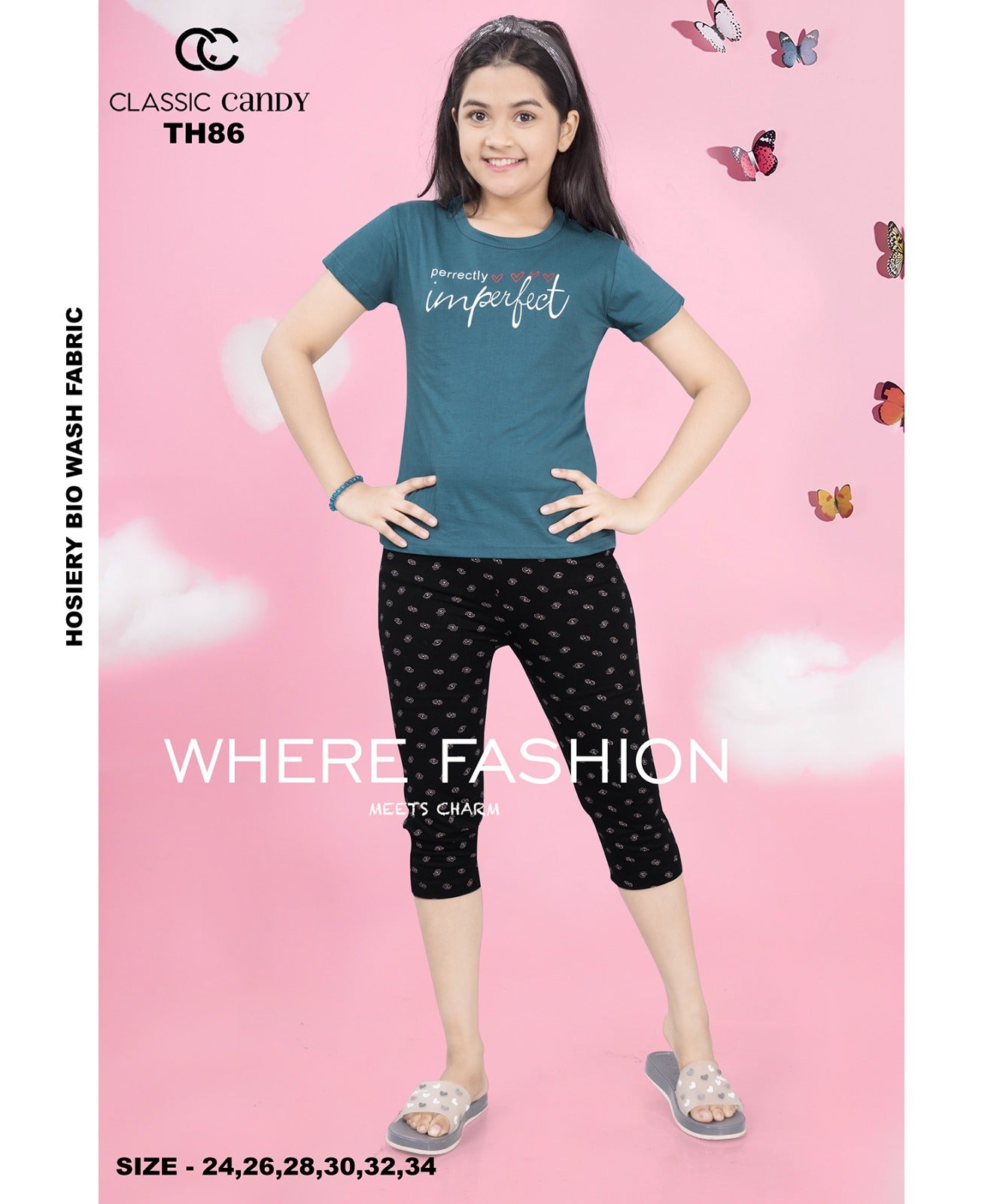 Th-86 Classic Candy Hosiery Cotton Girls Capri Night Suits