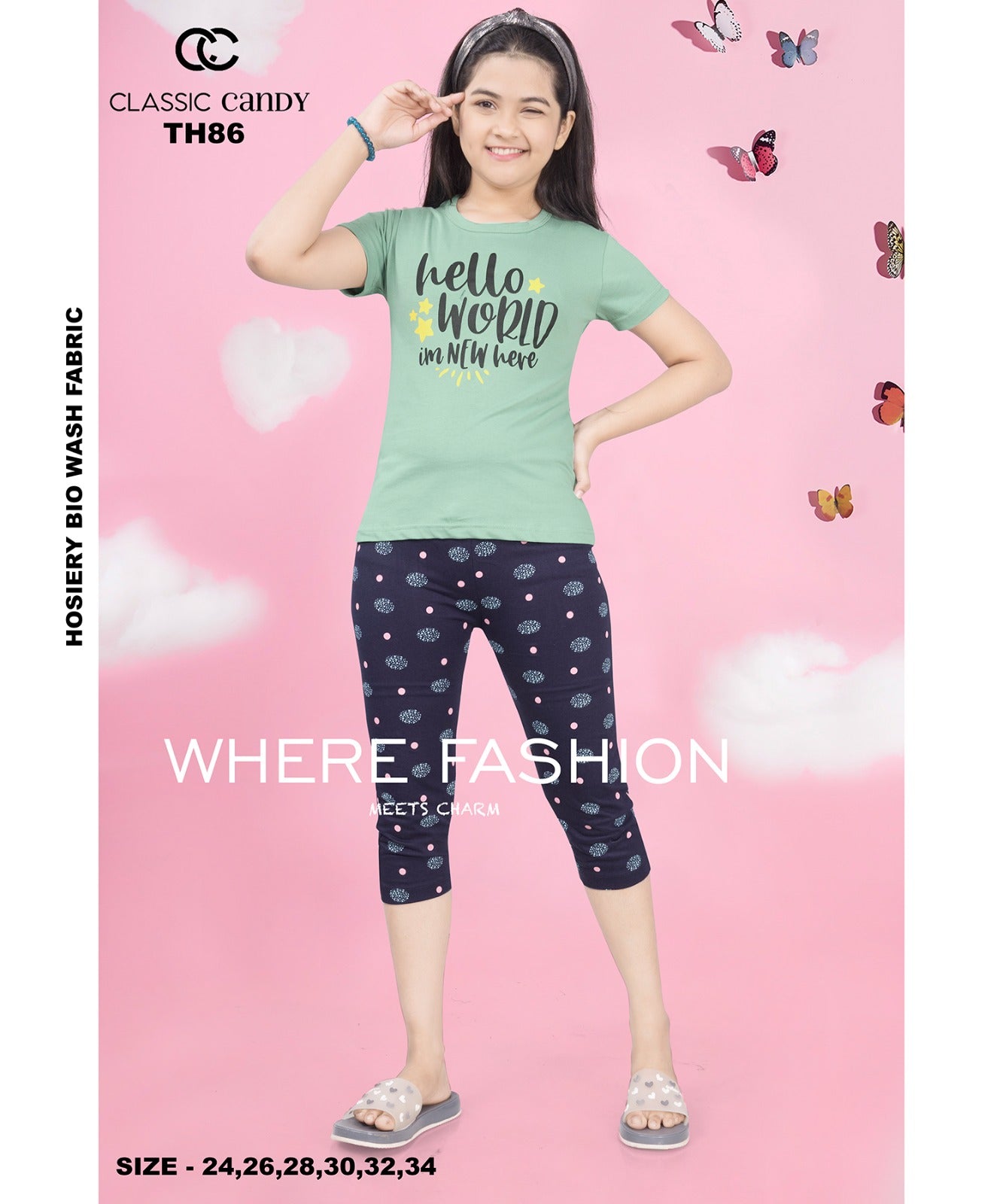 Th-86 Classic Candy Hosiery Cotton Girls Capri Night Suits