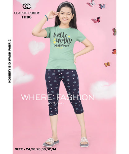 Th-86 Classic Candy Hosiery Cotton Girls Capri Night Suits