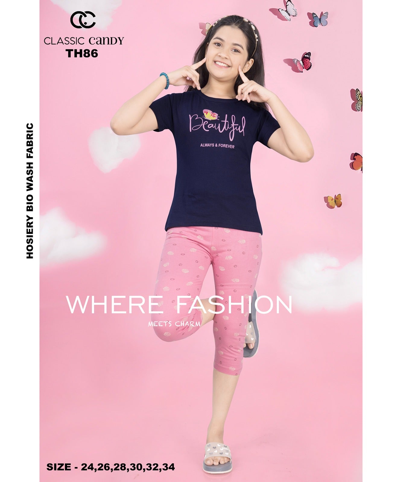 Th-86 Classic Candy Hosiery Cotton Girls Capri Night Suits