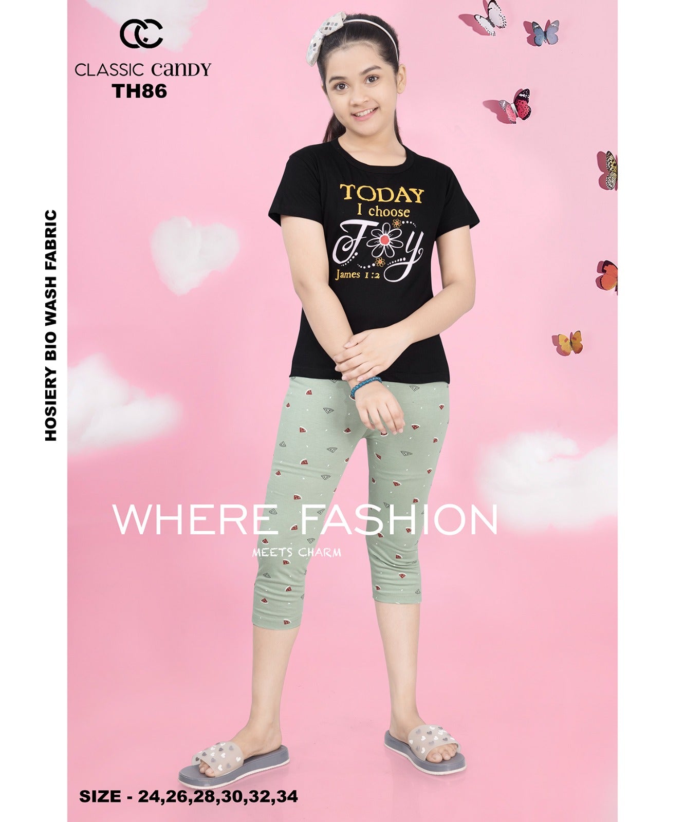 Th-86 Classic Candy Hosiery Cotton Girls Capri Night Suits