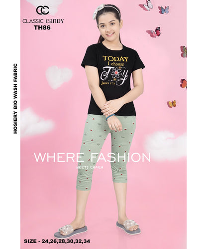 Th-86 Classic Candy Hosiery Cotton Girls Capri Night Suits
