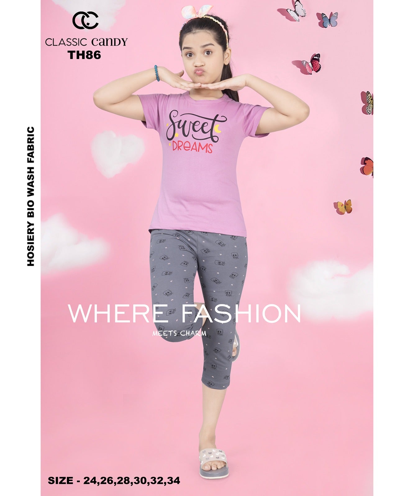 Th-86 Classic Candy Hosiery Cotton Girls Capri Night Suits