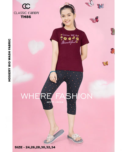 Th-86 Classic Candy Hosiery Cotton Girls Capri Night Suits