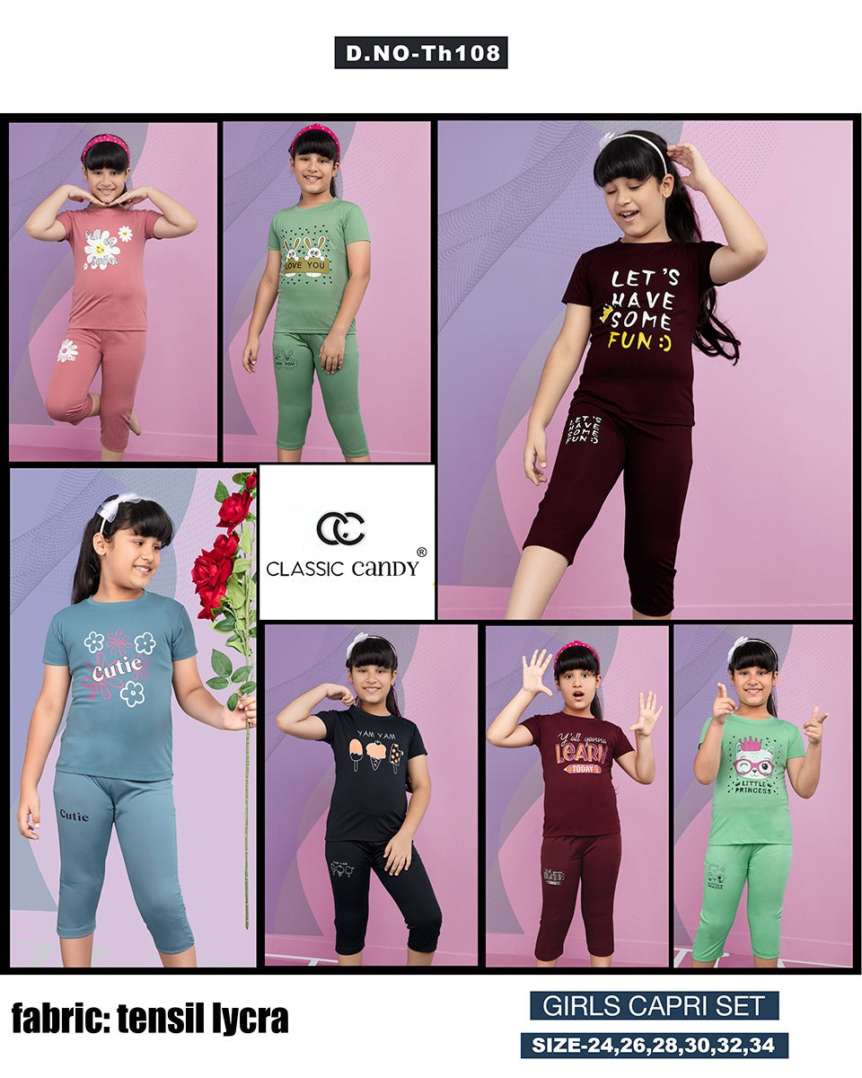 Th 108 Classic Candy Tencil Lycra Girls Capri Night Suits