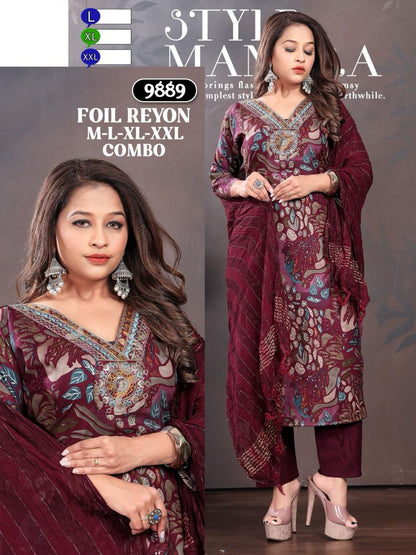 V Neck-0502 Mmc Rayon Foil Readymade Pant Style Suits